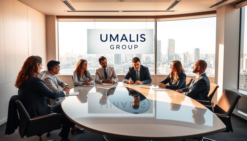A stylish and professional office setting, featuring the UMALIS GROUP logo prominently displayed on the wall. The room is bathed in warm, natural lighting, with large windows overlooking a vibrant cityscape. A team of well-dressed professionals are gathered around a sleek conference table, engaged in a lively discussion about the benefits of "société portage salarial". The atmosphere is one of collaboration, innovation, and a commitment to empowering independent professionals. The overall mood is one of sophistication, productivity, and the promise of a rewarding career path.