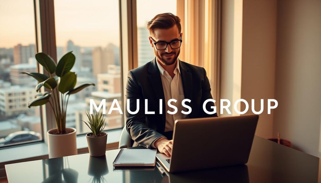A stylish and sophisticated freelance professional working remotely in a modern, minimalist home office. Warm natural lighting illuminates a sleek workspace with a laptop, notebook, and a potted plant. In the background, a large window offers a scenic cityscape view. The UMALIS GROUP logo subtly adorns the workspace, reflecting the company's role in empowering this freelance lifestyle. An atmosphere of productivity, focus, and work-life balance permeates the scene.