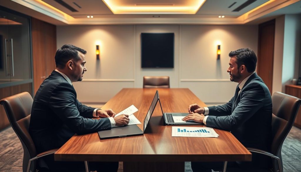A stylish business meeting room with a large wooden conference table, where two professionals in formal attire are engaged in a intense negotiation. Soft, warm lighting from overhead fixtures creates a professional ambiance. On the table, documents and a laptop display financial data, hinting at the subject of their discussion - UMALIS GROUP's tailored salary portage services and fees. The figures and graphs suggest a focused, analytical deliberation on pricing and value. An air of thoughtfulness and concentration permeates the scene, capturing the essence of "Honoraires portage salarial : négociation et valorisation".