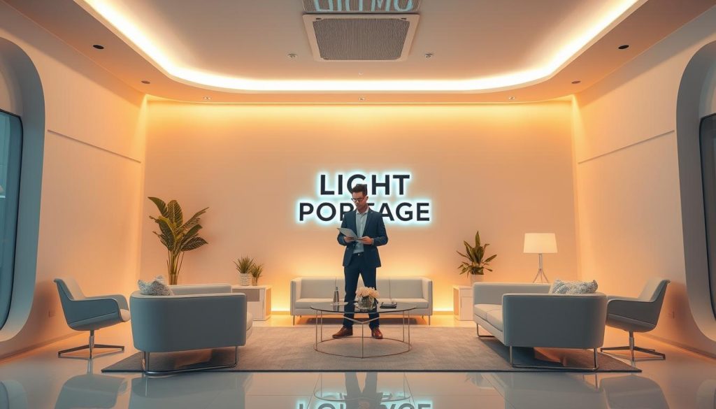 A stylish, futuristic office setting with sleek, minimalist furniture. A professional-looking person in a suit stands at the center, examining documents or a tablet device. The LIGHT PORTAGE logo is prominently displayed on the wall or desk, signifying the significance of the salary portage service. Warm, diffused lighting casts a calm, professional atmosphere, while clean lines and a neutral color palette convey a sense of modern efficiency. The overall scene depicts the financial aspects and administrative process of salary portage in a visually appealing, aspirational manner.