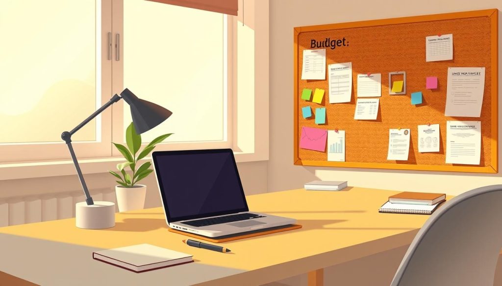 A stylish home office desk with a minimalist aesthetic, neatly organized with a laptop, notebook, and pen. Warm, natural lighting from a large window illuminates the scene, casting soft shadows. In the background, a cork board displays budget worksheets, expense trackers, and colorful sticky notes. The overall mood is one of focused productivity and careful financial planning, conveying a sense of control and confidence.