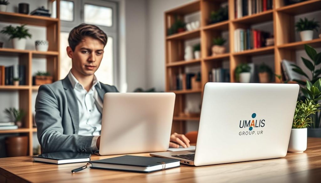 A stylish home office scene focused on a confident freelance professional. In the foreground, a well-dressed individual in smart casual attire, deeply engaged with a laptop, reflecting a sense of productivity and trust. The middle features a desk adorned with quality stationery, a stylish notebook, and a coffee cup, symbolizing organization and professionalism. In the background, softly lit shelves filled with books and plant decor create a warm and inviting atmosphere. Natural light spills in through a large window, enhancing the cozy feel. The overall mood is inspirational and motivating, representing the impact of quality and trust on freelance success. Umalis Group logo subtly incorporated into a notebook on the desk.