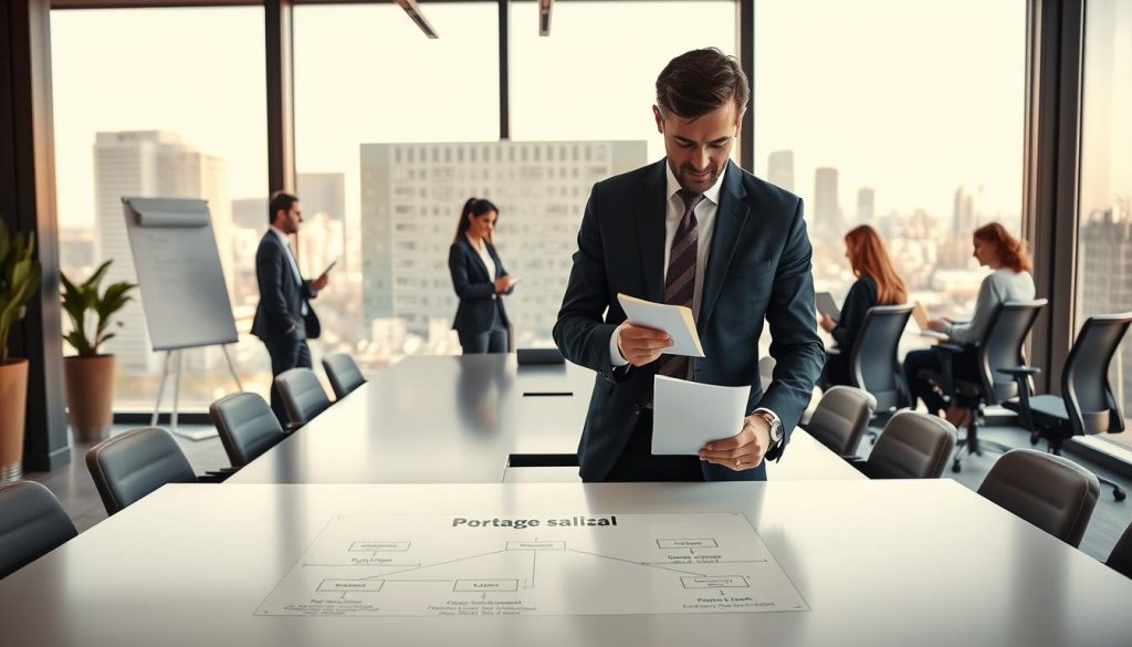 A stylish, modern office interior with a team of professionals engaged in the process of "portage salarial" or employee sharing. In the foreground, a mid-career executive in a well-tailored suit reviews paperwork, surrounded by a team of younger professionals in business casual attire, all focused on their tasks. In the middle ground, a large, sleek conference table with ergonomic chairs, and a whiteboard displaying a diagram of the "portage salarial" workflow. The background features floor-to-ceiling windows overlooking a cityscape, bathed in warm, natural lighting. The overall mood is one of efficiency, professionalism, and the Umalis Group's expertise in navigating the complexities of this employment model.