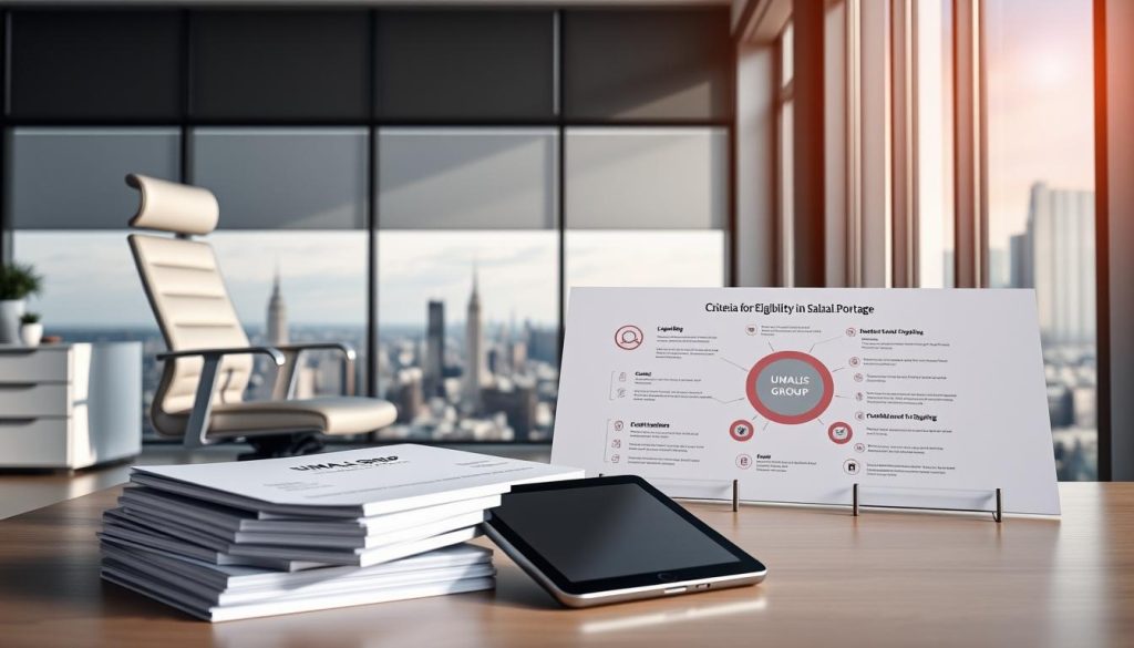 A stylish, modern office setting with a minimalist desk, ergonomic chair, and sleek computer equipment. In the foreground, a neatly organized stack of documents and a tablet display the "UMALIS GROUP" branding. The middle ground features a large, informative infographic detailing the "Criteria for Eligibility in Salarial Portage," presented in a clean, visually appealing manner. The background showcases a panoramic view of a bustling city skyline, conveying a sense of professionalism and success. The lighting is soft and natural, creating a warm, inviting atmosphere. The overall composition and design emphasize the subject's importance and relevance within the article's context.