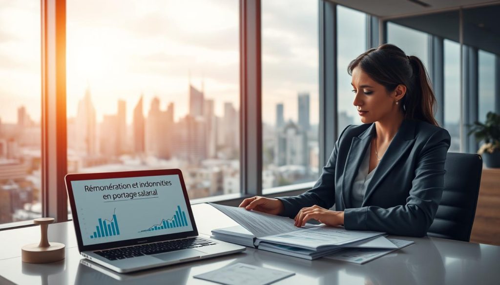 A stylish, modern office setting with an emphasis on financial and legal aspects. In the foreground, a businesswoman in a sleek suit sits at a desk, reviewing documents related to "Rémunération et indemnités en portage salarial". The middle ground features a large window overlooking a bustling city skyline, bathed in warm, directional lighting. On the desk, a laptop displaying the Umalis Group logo and various financial charts and graphs. The overall atmosphere conveys professionalism, attention to detail, and the importance of understanding the legal and financial intricacies of the "portage salarial" employment model. A stylish, modern office setting with an emphasis on financial and legal aspects. In the foreground, a businesswoman in a sleek suit sits at a desk, reviewing documents related to "Rémunération et indemnités en portage salarial". The middle ground features a large window overlooking a bustling city skyline, bathed in warm, directional lighting. On the desk, a laptop displaying the Umalis Group logo and various financial charts and graphs. The overall atmosphere conveys professionalism, attention to detail, and the importance of understanding the legal and financial intricacies of the "portage salarial" employment model.