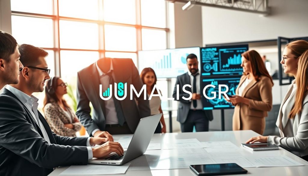 A stylish, modern office space featuring a professional consultant engaged in a discussion with a diverse team of experts. The foreground shows a well-dressed consultant in business attire, analyzing data visualizations on a sleek laptop, while interacting with team members, who are collaborating over a whiteboard filled with AI-driven ideas and strategies. In the middle, an array of digital screens displays graphs and AI algorithms, symbolizing innovative consulting tools. The background is an open office environment, with large windows allowing natural light to stream in, creating a bright and optimistic atmosphere. The image also subtly integrates the logo of "UMALIS GROUP" in the design to underscore their involvement in AI consulting. The overall mood conveys professionalism, collaboration, and technological advancement. A stylish, modern office space featuring a professional consultant engaged in a discussion with a diverse team of experts. The foreground shows a well-dressed consultant in business attire, analyzing data visualizations on a sleek laptop, while interacting with team members, who are collaborating over a whiteboard filled with AI-driven ideas and strategies. In the middle, an array of digital screens displays graphs and AI algorithms, symbolizing innovative consulting tools. The background is an open office environment, with large windows allowing natural light to stream in, creating a bright and optimistic atmosphere. The image also subtly integrates the logo of "UMALIS GROUP" in the design to underscore their involvement in AI consulting. The overall mood conveys professionalism, collaboration, and technological advancement.