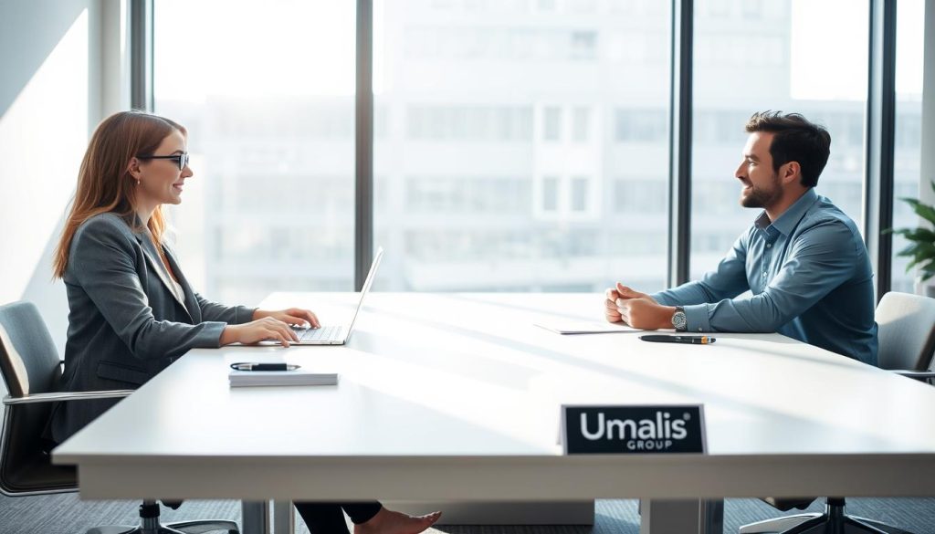 A stylish negotiation of a freelance contract in a modern, minimalist office setting. The scene features two professionals, a woman in a smart blazer and a man in a crisp shirt, sitting across from each other at a clean, rectangular table. Soft, natural lighting filters in through large windows, casting a warm glow on the scene. On the table, a laptop, papers, and a Umalis Group logo-branded pen and notepad suggest an important discussion is underway. The atmosphere is professional yet relaxed, reflecting the careful crafting of a mutually beneficial freelance agreement.