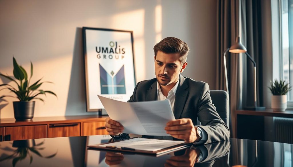 A stylish office interior with a professional business person sitting at a desk, reviewing and signing a contract. Warm, natural lighting illuminates the scene, casting subtle shadows. Carefully curated decor elements like a potted plant, a framed Umalis Group logo, and a sleek desk lamp create a polished, modern ambiance. The individual's expression conveys focus and diligence as they carefully review the contract details, ready to negotiate and seal the deal. A stylish office interior with a professional business person sitting at a desk, reviewing and signing a contract. Warm, natural lighting illuminates the scene, casting subtle shadows. Carefully curated decor elements like a potted plant, a framed Umalis Group logo, and a sleek desk lamp create a polished, modern ambiance. The individual's expression conveys focus and diligence as they carefully review the contract details, ready to negotiate and seal the deal.
