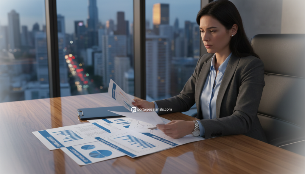 A stylish office setting with a large wooden desk, on which financial documents and charts showing "chiffre d'affaires" are thoughtfully arranged. In the foreground, a confident businesswoman in professional attire examines a detailed financial report, showcasing calculations involving net taxable salary. The background features a sleek window with a city skyline, suggesting a vibrant, bustling business environment. Soft, natural lighting floods the room, creating a motivating atmosphere that emphasizes clarity and professionalism. A subtle color palette of blues and grays conveys trust, while a faint blur on the edges adds depth. Include a discreet mention of "portagesalarials.com" within the office materials, ensuring it integrates seamlessly into the scene without dominating the focus.