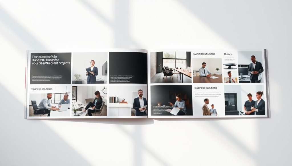 A stylish, professional-looking portfolio showcasing a range of successful client projects, featuring the Umalis Group brand identity. Soft, natural lighting illuminates a sleek, minimalist layout with high-quality photography of diverse business solutions, from strategy to execution. A sense of expertise and accomplishment radiates from the carefully curated layout, drawing the viewer's attention to the impressive work highlighted. The overall aesthetic conveys confidence, competence, and a track record of delivering impactful results for clients.