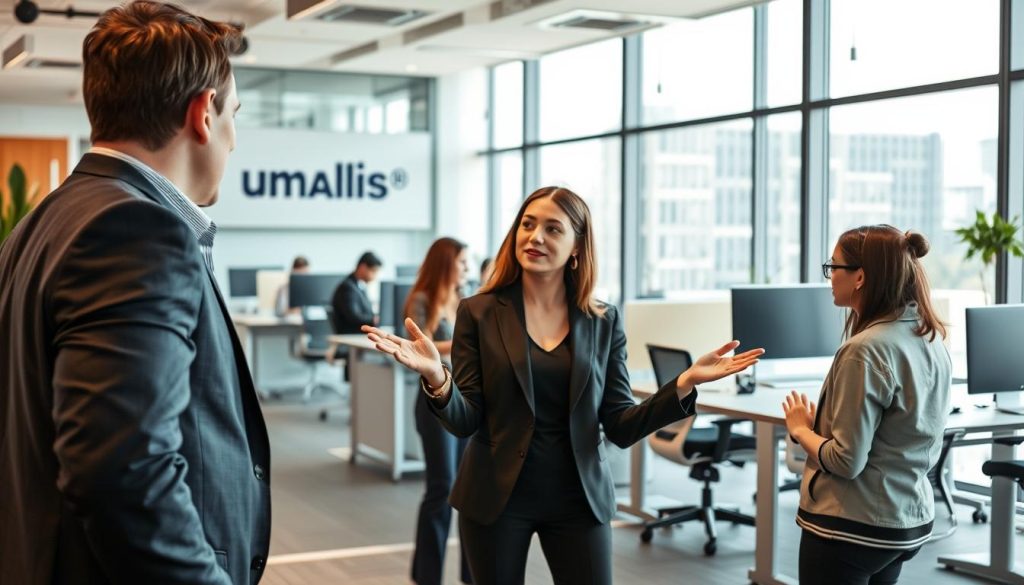 A stylish, professional office setting with a Umalis Group sign prominently displayed. In the foreground, a well-dressed business person gesturing enthusiastically while discussing the advantages of portage salarial with a colleague. The middle ground showcases modern, ergonomic workstations and a collaborative meeting area. The background features large windows allowing for ample natural light, creating a bright, airy atmosphere. The scene conveys the security, flexibility, and career growth opportunities offered by the portage salarial model.