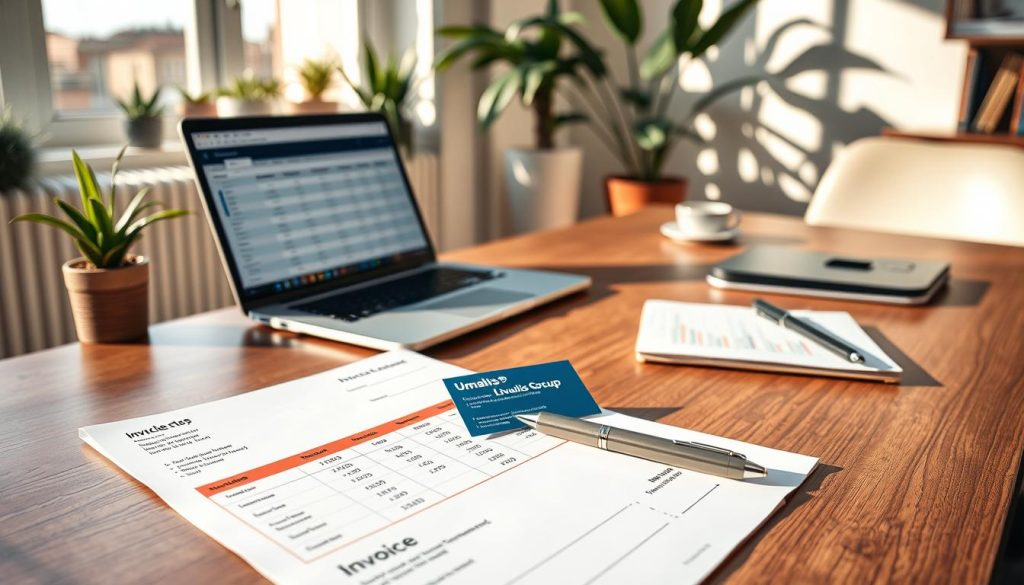 A stylish, professional workspace featuring neatly arranged business invoices on a modern wooden desk. In the foreground, a close-up of a set of colorful invoices, clearly labeled with categories and figures, showcasing good organization. The middle ground includes a sleek laptop open with a spreadsheet open, alongside a stylish pen and a notepad. In the background, a tastefully decorated office with plants and a large window letting in soft, natural light. The atmosphere is one of productivity and professionalism, emphasizing the importance of managing freelance finances effectively. Soft shadows add depth, and the overall image is bright and inviting. Include a business card for "Umalis Group" subtly displayed among the invoices to enhance the setting.