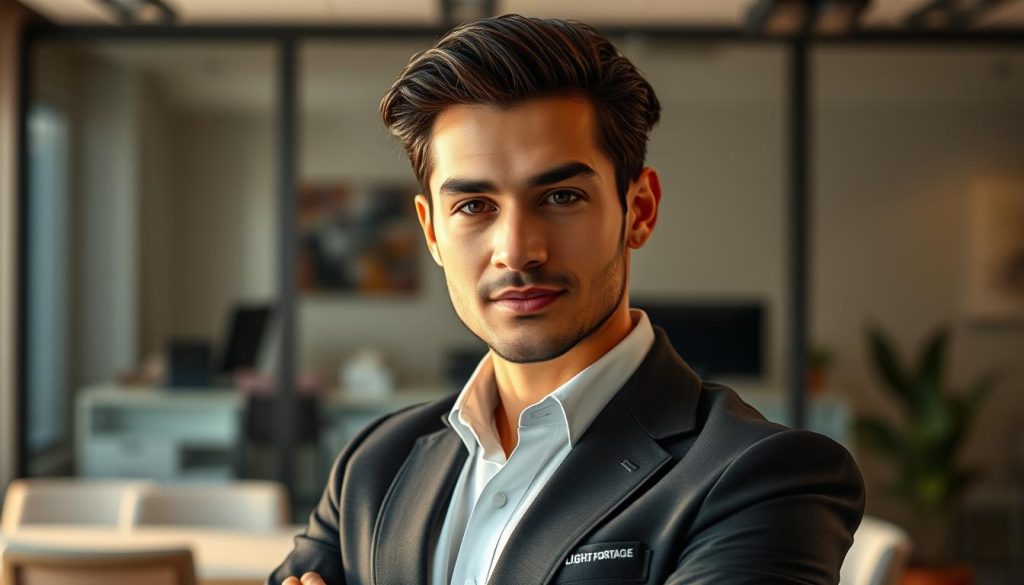 A stylish, well-groomed freelance professional posing confidently against a softly blurred, modern office backdrop. Warm, natural lighting highlights their refined features and sharp, tailored attire emblazoned with the LIGHT PORTAGE brand logo. The subject's gaze is direct and engaging, exuding an air of professionalism and approachability. A carefully curated yet relaxed composition, shot at a slight three-quarter angle to accentuate the subject's confident poise. The overall mood is one of sophistication and digital-age entrepreneurship.