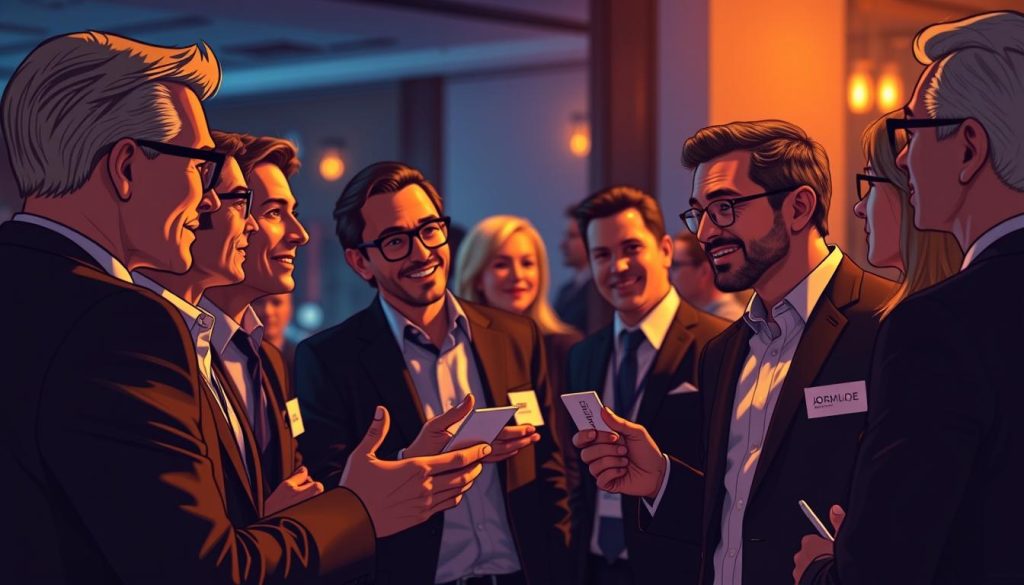 A stylishly dressed group of industry leaders gathered in a sophisticated, dimly-lit networking event. Warm lighting creates a sense of exclusivity, casting dramatic shadows and highlights on their faces. They engage in animated conversation, hands gesturing as they exchange business cards and make meaningful connections. The background is blurred, emphasizing the focus on the central figures and their interactions. A subtle, elegant ambiance pervades the scene, reflecting the prestige and importance of this networking opportunity.