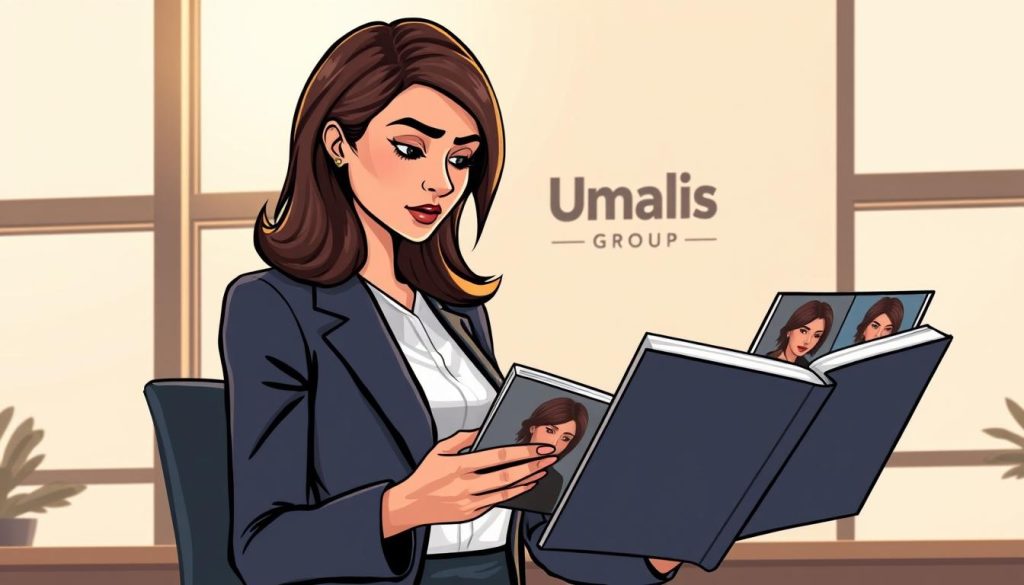A stylishly dressed professional woman is carefully reviewing portfolios of headshot photographers, her brow furrowed in concentration. The scene is set in a modern, minimalist office space bathed in warm, diffused lighting from large windows. Umalis Group's logo is subtly visible on the wall behind her, conveying a sense of a trusted, high-quality service. The woman's posture and focused expression reflect the importance of selecting the right photographer to capture her professional image for maximum impact.