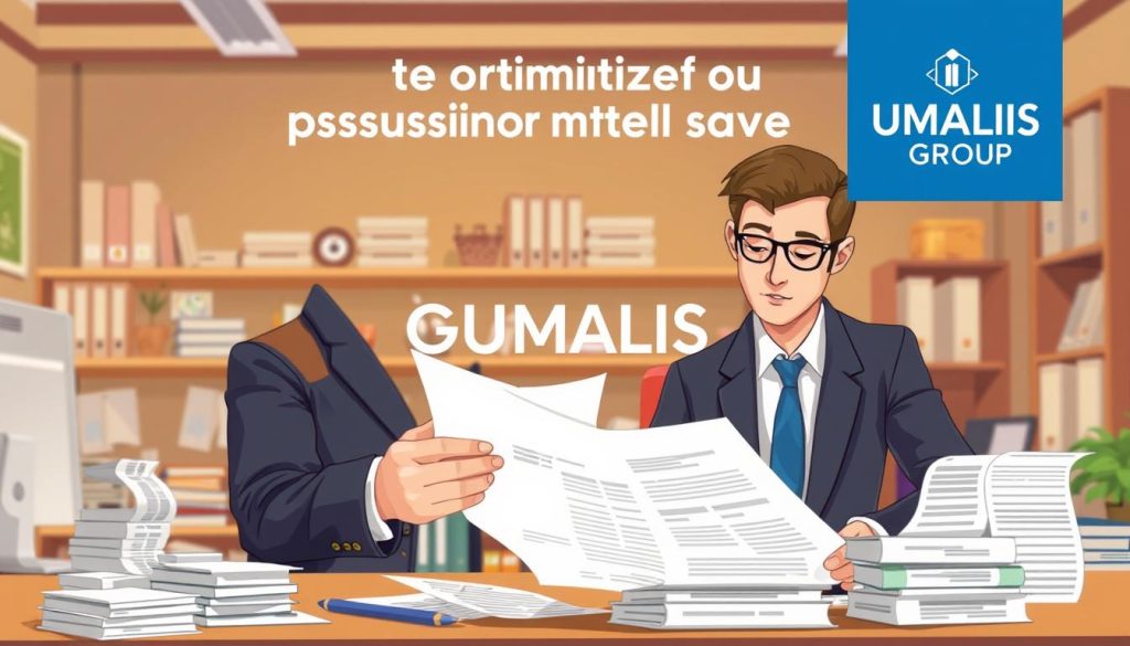 A stylized and detailed illustration depicting the optimization of professional expenses. In the foreground, a businessperson in a suit examines financial documents and receipts, their face conveying a thoughtful expression. In the middle ground, various office supplies and a computer monitor create a workstation setting, hinting at the administrative tasks involved. The background features architectural elements like shelves and cabinets, suggesting an organized and efficient office environment. The scene is illuminated by warm, directional lighting, creating a professional and practical atmosphere. The UMALIS GROUP logo is prominently displayed, lending an air of authority and expertise to the image.
