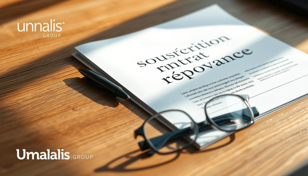 A stylized and professional-looking image of a "souscription contrat prévoyance" document, presented on a wooden desk with a subtle Umalis Group logo visible in the corner. The document features clean, minimalist design with elegant typography, accompanied by a pen and a pair of reading glasses, creating an atmosphere of thoughtful consideration. The lighting is soft and natural, casting warm shadows to emphasize the textures and materiality of the scene. The background is blurred, placing the focus on the central elements and conveying a sense of focus and attention to detail.