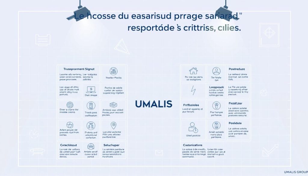 A stylized blueprint-like illustration showcasing the key criteria for selecting the salaried portage status, presented in a clean, technical style. The layout features a central grid-like arrangement of icons and text labels against a subtle gradient background, with the UMALIS GROUP brand prominently displayed. Crisp lighting from the top casts sharp shadows, emphasizing the technical, architectural feel. The overall mood is professional, informative, and visually compelling, perfectly suited to illustrate the "Le choix du statut portage salarial : critères clés" section of the article.