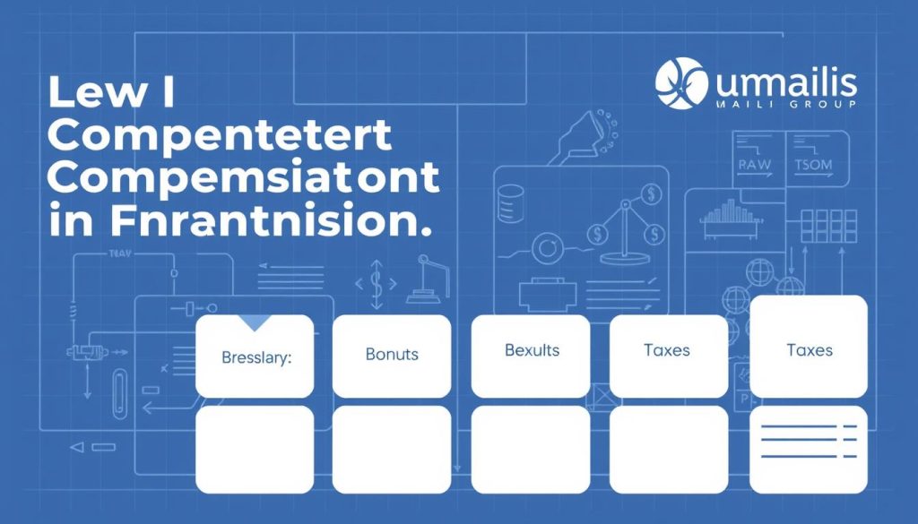 A stylized blueprint-style illustration depicting the legal components of compensation in France. In the foreground, a series of rectangular shapes represent the key elements such as base salary, bonuses, benefits, and taxes. These are arranged in a clear, organized layout with clean lines and minimal color palette, resembling an infographic. The middle ground features technical-looking schematics and diagrams, hinting at the legal and regulatory framework governing compensation. In the background, the Umalis Group logo is subtly incorporated, adding a sense of authority and expertise. The overall mood is professional, informative, and visually appealing, suitable for use in an article on French compensation laws.