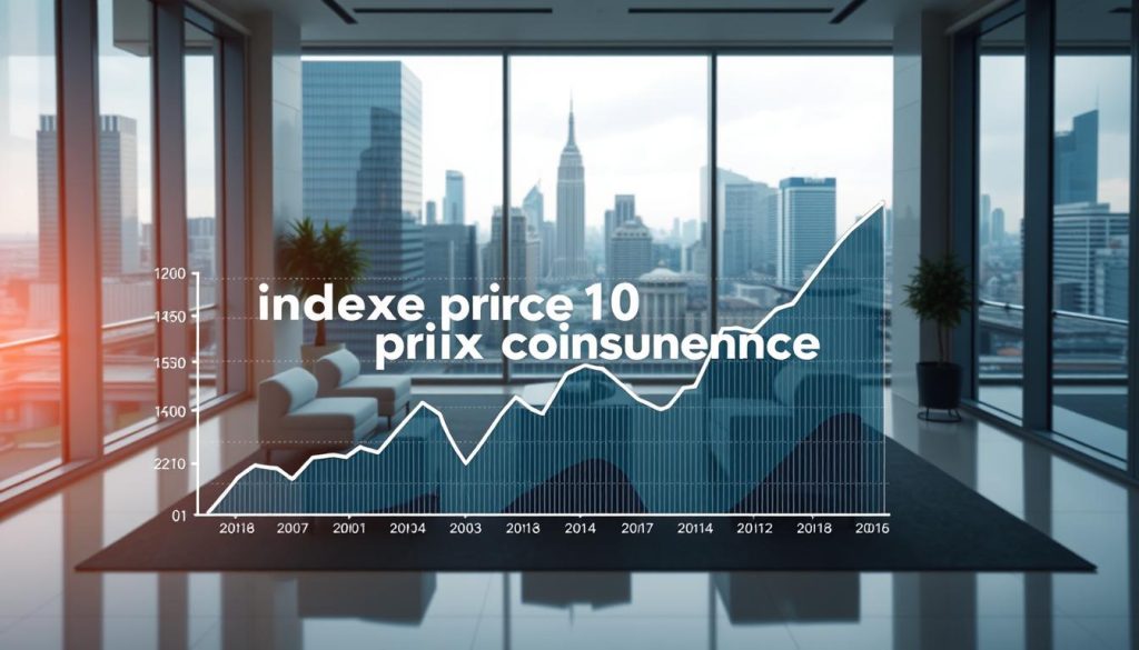 A stylized chart depicting the "indice prix consommation" (consumer price index) against a sophisticated backdrop. The chart should be prominently featured in the foreground, rendered in a clean, minimalist style with clear, legible data visualizations. The middle ground should showcase a modern office setting, with sleek furniture, large windows, and a sense of professionalism. The background should convey a sense of urban sophistication, with skyscrapers, bridges, and other architectural elements characteristic of a thriving financial district. Subtle branding for "Umalis Group" should be tastefully integrated into the design. The overall mood should be one of authority, data-driven insights, and a commitment to financial transparency.