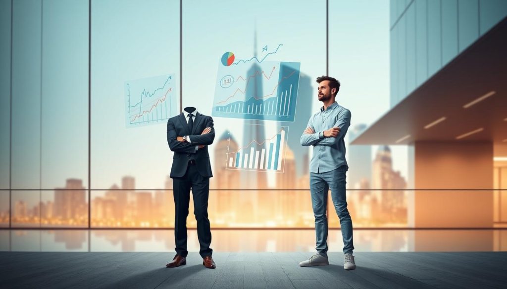 A stylized comparison of independent finance statuses, showcasing the UMALIS GROUP's versatile solutions. In the foreground, two professional figures stand in a modern office setting, one in a traditional suit, the other in casual attire, symbolizing the contrasting modes of employment. In the middle ground, financial charts and graphs float, representing the analytical data driving their decisions. The background features a sleek, minimalist cityscape, bathed in warm, soft lighting that conveys a sense of professionalism and innovation. The overall composition highlights the flexibility and advantages of UMALIS GROUP's tailored financial services, catering to diverse independent professionals in the finance industry.