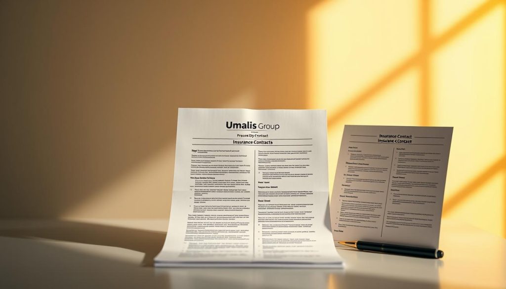 A stylized comparison of insurance contracts, showcasing the Umalis Group brand. A central document in the foreground, with two contract details displayed alongside, all bathed in warm, diffused lighting. The background features a minimalist, geometric pattern in muted tones, creating a sense of professionalism and expertise. The overall composition emphasizes the comparison and selection process, aligning with the article's subject and section title.