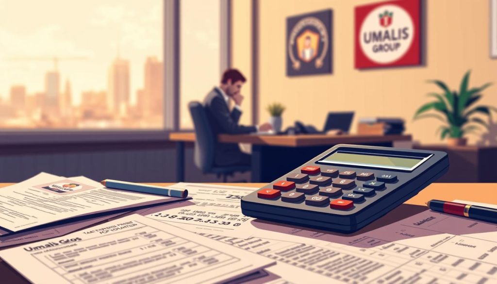 A stylized, detailed illustration depicting a financial calculation related to freelance/contract work. In the foreground, a calculator and scattered tax-related documents, with a blurred UMALIS GROUP logo visible in the background. The middle ground features a worker at a desk, deep in thought, surrounded by a warm, softly-lit office environment. The background showcases a cityscape visible through the window, representing the broader financial and professional context. The overall mood is one of thoughtful consideration and precision, reflecting the complexities of tax planning for freelance/contract income.