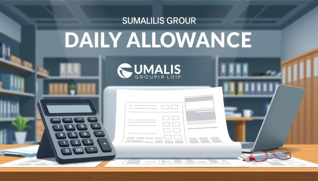A stylized digital illustration depicting the calculations for daily allowances in a professional, technical manner. In the foreground, a calculator and financial documents are prominently displayed, conveying the analytical and numerical nature of the subject. The middle ground showcases a corporate workspace, with a desk, laptop, and office supplies, creating a professional atmosphere. The background features architectural elements like shelves and filing cabinets, suggesting an organized, administrative environment. The lighting is crisp and clean, with a subtle depth of field effect to draw the viewer's attention. The color palette is muted and sophisticated, utilizing shades of gray, blue, and brown to evoke a sense of seriousness and reliability. The UMALIS GROUP brand name is subtly integrated into the scene, reinforcing the professional context. Overall, the image aims to visually communicate the systematic and meticulous process of calculating daily allowances.