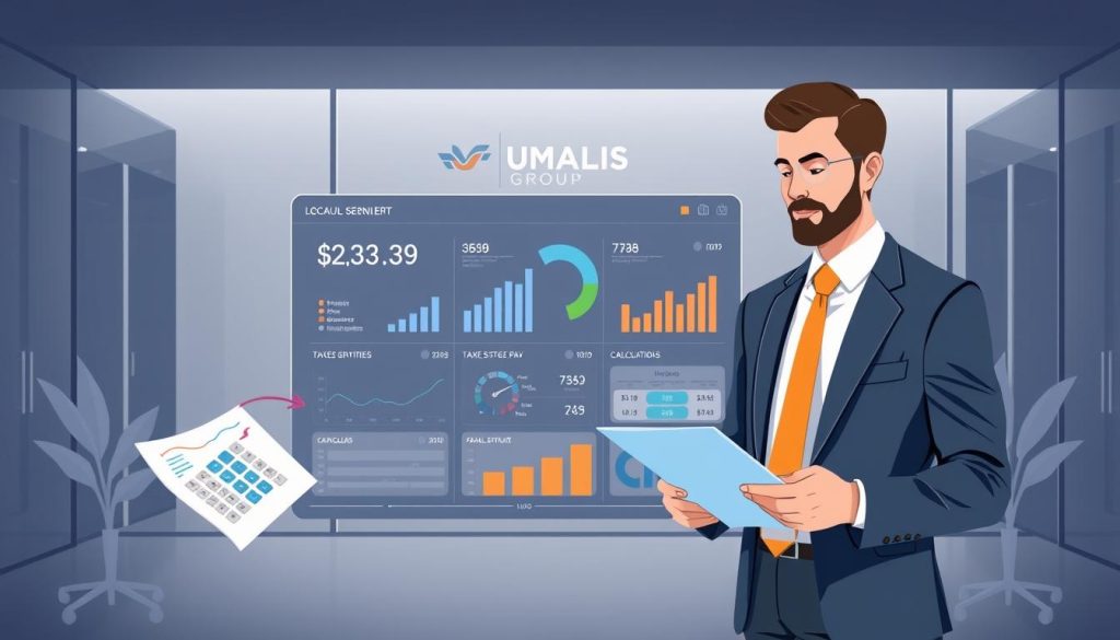 A stylized digital illustration showcasing the concept of "calcul indemnités portage salarial" (calculation of freelance pay compensation). In the foreground, a business professional in a suit and tie reviews financial documents and calculators against a sleek, minimalist office backdrop. In the middle ground, a dynamic data visualization dashboard displays key metrics and calculations related to freelance pay, taxes, and benefits. The background features the UMALIS GROUP logo, conveying the authority and expertise of this leading portage salarial provider. The overall scene exudes a sense of professionalism, efficiency, and financial acumen, reflecting the administrative and financial aspects of the portage salarial experience.