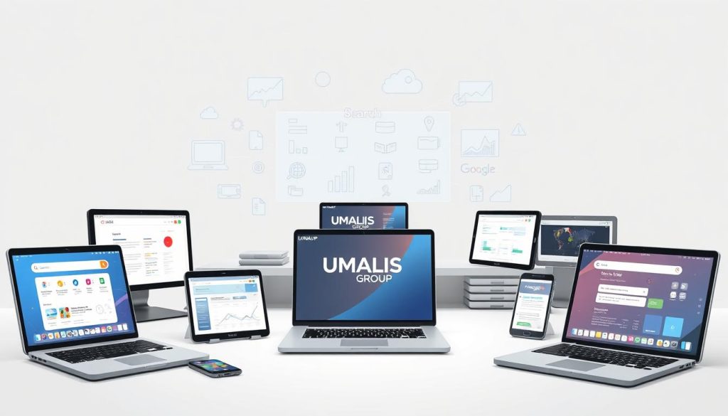 A stylized, high-resolution digital illustration showcasing a variety of web research tools against a neutral background. In the foreground, an array of laptop, smartphone, and tablet devices display various search engines, web browsers, and productivity apps. In the middle ground, a holographic display projects data visualizations, analytics, and research insights. In the background, a minimalist workspace with clean lines and muted tones creates a sense of focus and efficiency. The overall mood is one of technological sophistication and research-driven productivity. The UMALIS GROUP brand is prominently featured across the devices and workspace.