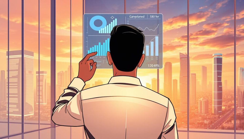 A stylized, high-resolution illustration depicting an entrepreneur strategizing additional sales for the Umalis Group. In the foreground, a focused business person examines a holographic display of sales metrics and growth projections. The middle ground features a sleek, minimalist office setting with floor-to-ceiling windows overlooking a vibrant city skyline. The background showcases a dynamic, futuristic cityscape bathed in warm, golden-hour lighting. The overall mood is one of determined professionalism, technological innovation, and a drive towards business optimization and expansion.