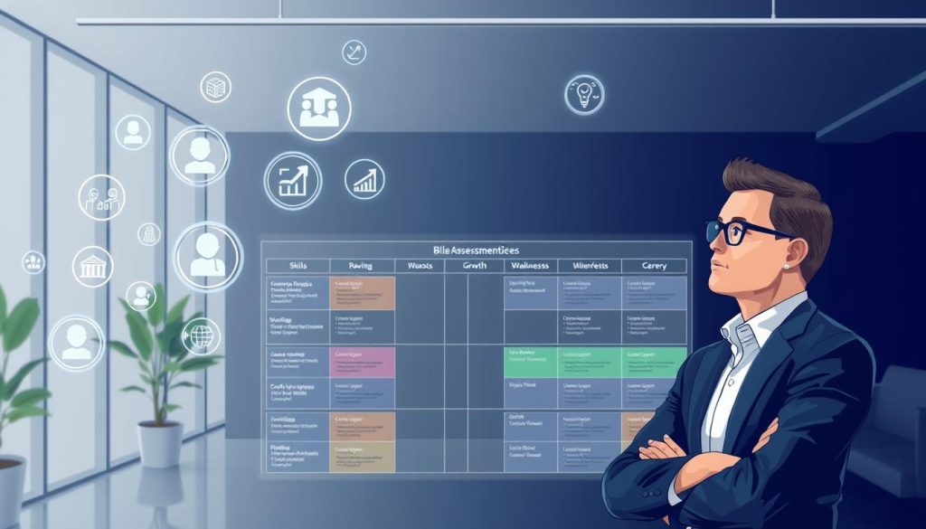 A stylized illustration depicting a comprehensive "bilan compétences" or career assessment. In the foreground, a well-dressed professional stands thoughtfully, surrounded by floating holographic skill icons, achievements, and career path options. The middle ground features a neatly organized chart or matrix, with color-coded sections evaluating the individual's strengths, weaknesses, interests, and growth opportunities. In the background, a sleek, minimalist office setting with the Umalis Group logo prominently displayed, conveying a sense of a supportive, forward-thinking career advisory service. The overall mood is one of focus, clarity, and a sense of empowered self-discovery, suitable for "Planifier votre progression de carrière".