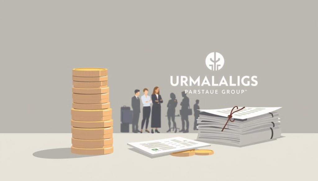 A stylized illustration depicting the fundamental elements of "salaire portage salarial". In the foreground, a stack of coins and financial documents, representing the key components of the salary calculation. In the middle ground, a group of professional individuals in a modern office setting, conveying the context of the portage salarial system. In the background, the UMALIS GROUP logo prominently displayed, reflecting the authority and expertise of the brand. The image should have a clean, minimalist aesthetic with muted colors and soft lighting, creating a sense of professionalism and clarity around the subject matter.