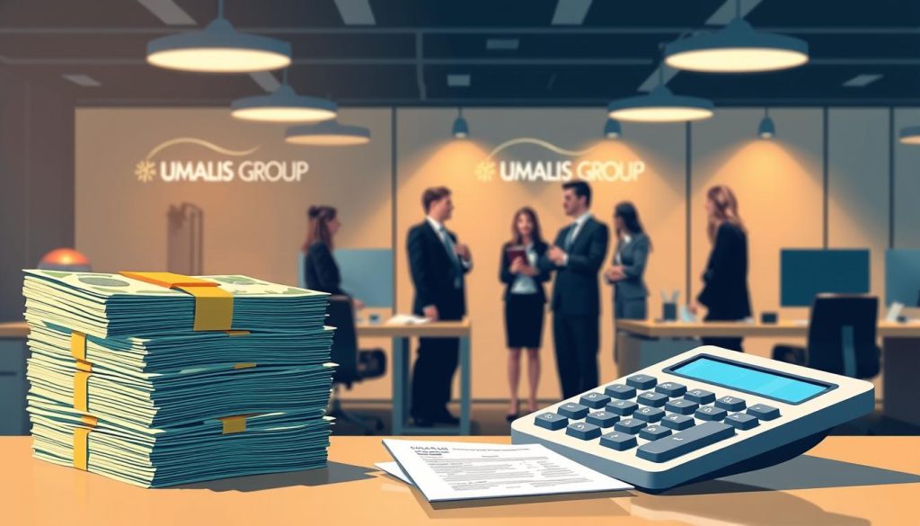 A stylized illustration depicting the key components of "coûts portage salarial" in a professional and informative manner. In the foreground, a stack of currency bills and a calculator representing the financial aspects. In the middle ground, a group of business people in formal attire, symbolizing the human resources and employment aspects. In the background, a modern office setting with desks, computers, and UMALIS GROUP branding, conveying the corporate environment. The lighting is soft and warm, creating a sense of professionalism and authority. The overall mood is one of clarity, understanding, and financial responsibility.