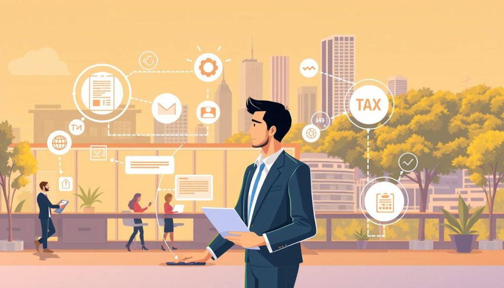 A stylized illustration depicting the key steps in a successful freelance career through the Umalis Group's portage salarial service. In the foreground, a professional navigates the portage salarial process, surrounded by icons and symbols representing the various milestones - contract signing, invoicing, tax preparation, etc. The middle ground features a bustling office environment, with Umalis Group employees guiding the freelancer. In the background, a cityscape with modern architecture and lush greenery, symbolizing the growth and prosperity enabled by the portage salarial model. The scene is bathed in warm, golden lighting, conveying a sense of opportunity and empowerment. The overall composition and style evoke a dynamic, aspirational vision of freelance success through the Umalis Group's services.