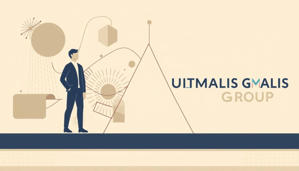 A stylized illustration depicting the tripartite relationship of "portage salarial". In the foreground, three distinct figures representing the employee, the client company, and the portage salarial firm, standing in a triangular arrangement and connected by flowing lines. The middle ground features abstract geometric shapes and patterns, symbolizing the complex mechanisms and legal framework underlying this employment model. The background displays a UMALIS GROUP logo, conveying the professional and institutional nature of the service. The scene is bathed in a warm, muted color palette, evoking a sense of balance, collaboration, and professionalism.