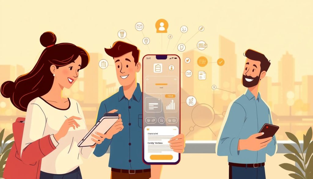 A stylized illustration of a modern loyalty program design. In the foreground, a group of people interacting with a sleek, minimalist mobile app interface, their expressions reflecting engagement and satisfaction. In the middle ground, a collection of loyalty-themed icons and graphics, such as points, rewards, and tiers, arranged in a visually appealing layout. The background features a soft, blurred cityscape, conveying a sense of a connected, urban environment. The overall aesthetic is clean, sophisticated, and evocative of a well-designed, user-centric loyalty program that seamlessly integrates into a brand's digital ecosystem. Warm, directional lighting casts subtle shadows, adding depth and dimensionality to the scene. The composition is balanced and visually harmonious, capturing the essence of a successful loyalty program that enhances brand loyalty and customer engagement.