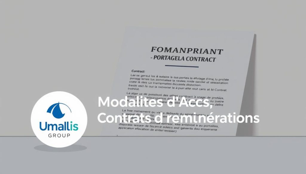 A stylized illustration of a professional employment contract for "portage salarial" or "umbrella company" services, set against a soft, muted background. The contract is prominently displayed, with clean typography and precise legal details. In the foreground, the Umalis Group logo stands out, conveying the company's expertise in this domain. The overall composition suggests an atmosphere of trust, security, and professionalism, befitting the subject matter of this section on "Modalités d'Accès, Contrats et Rémunérations".