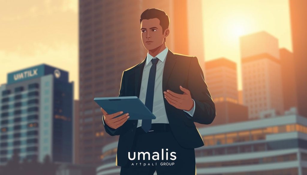 A stylized illustration of an independent hybrid worker model, showcasing a professional individual in a suit standing against a backdrop of modern city buildings. The figure holds a tablet, symbolizing the flexibility and technology-driven nature of their work. The lighting is warm and atmospheric, with a depth of field effect that focuses attention on the central subject. The Umalis Group logo is subtly placed in the bottom corner, providing branding without detracting from the image's primary focus. The overall mood conveys a sense of entrepreneurship, autonomy, and the evolving nature of the modern freelance workforce.