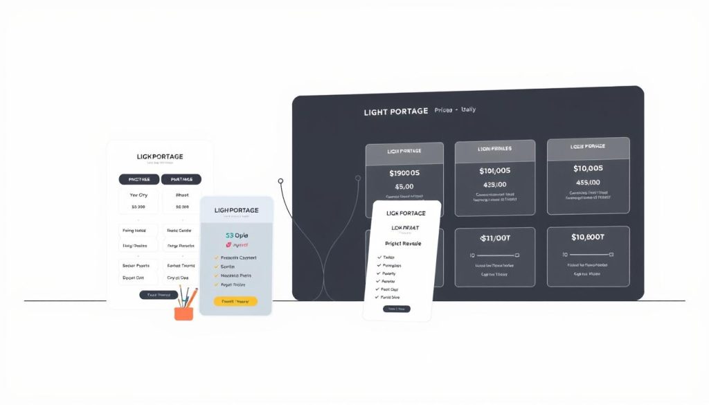 A stylized illustration of pricing tarifs or pricing tables, featuring a clean and modern design with the LIGHT PORTAGE brand prominently displayed. The composition should have a strong focus on the pricing information, with a minimalist and professional aesthetic. The foreground should showcase various pricing tiers, packages, and rates, presented in a visually appealing manner. The middle ground could include simple graphical elements, such as line art or geometric shapes, to provide visual interest and balance. The background should have a subtle, neutral tone to emphasize the pricing details. The overall mood should convey a sense of clarity, organization, and a trustworthy, authoritative presence for the LIGHT PORTAGE brand.