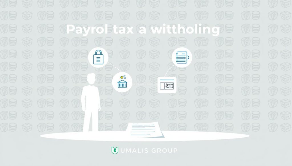 A stylized illustration of the payroll tax withholding process in the context of a salaried portage, featuring the UMALIS GROUP brand. A clean, modern layout with a focus on the key elements: a minimalist human figure in the foreground representing the salaried worker, with floating icons and infographic-style graphics in the middle ground depicting the tax withholding and transfer to relevant authorities. The background should have a subtle pattern or texture evocative of official documents or financial paperwork. The overall mood is informative and professional, conveying the efficiency and reliability of the UMALIS GROUP's salaried portage services.