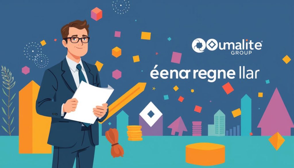 A stylized illustration showcasing the concept of "épargne salariale" or employee savings plans. In the foreground, a well-dressed professional holds a financial document, representing the key aspects of employee savings schemes. The middle ground features a dynamic array of colorful geometric shapes and patterns, symbolizing the diverse investment options and financial instruments associated with these plans. In the background, the Umalis Group logo is prominently displayed, reflecting the corporate context and the impact of the PACTE law on these programs. The overall composition conveys a sense of financial security, growth, and the empowerment of employees through tailored savings solutions.