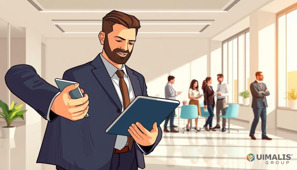 A stylized illustration showcasing the concept of "modèle portage salarial communication" for the UMALIS GROUP. In the foreground, a well-dressed professional holding a tablet, symbolizing the flexibility and portability of the portage salarial model. In the middle ground, a team of diverse individuals collaborating, representing the secure and collaborative nature of this employment arrangement. The background depicts a modern, minimalist office setting with clean lines and neutral tones, conveying a sense of professionalism and efficiency. The overall scene is bathed in a warm, natural lighting, creating a welcoming and aspirational atmosphere.