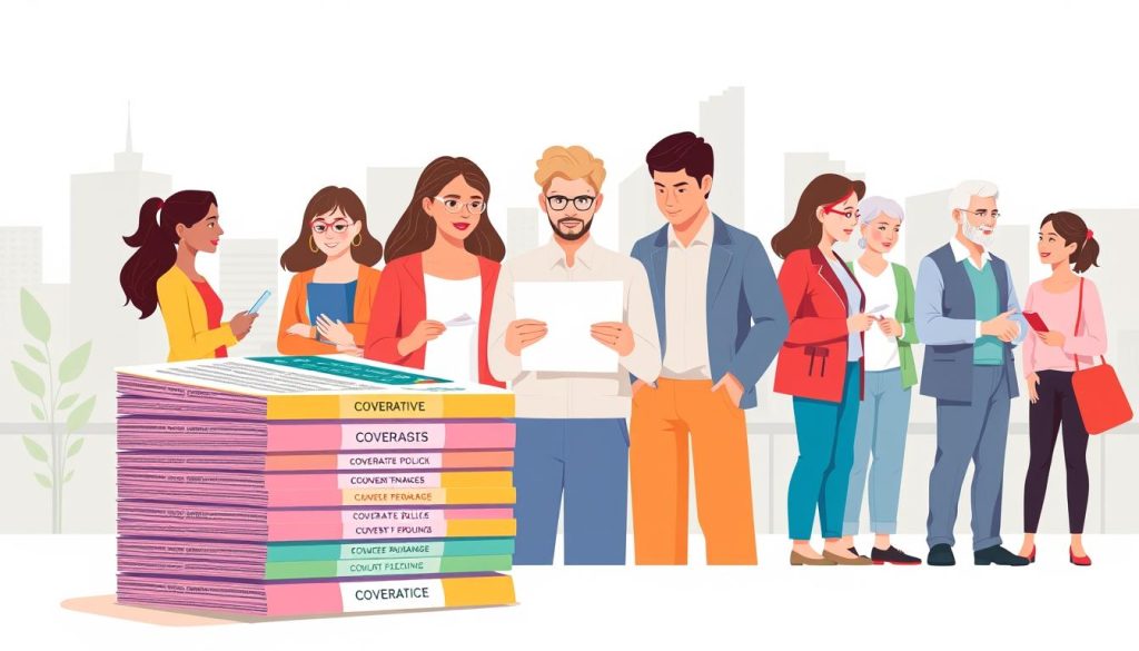 A stylized illustration showcasing the modular insurance guarantees offered by Umalis Group's health insurance plans. In the foreground, a stack of colorful, customizable insurance policy cards, each representing a different coverage option. In the middle ground, a group of diverse individuals, from young professionals to retirees, examining the policies and comparing their options. In the background, a modern, minimalist cityscape with clean lines and a sense of balance, symbolizing the flexibility and adaptability of the insurance packages. The overall mood is one of informed choice, empowerment, and a harmonious blend of personalization and comprehensive coverage.