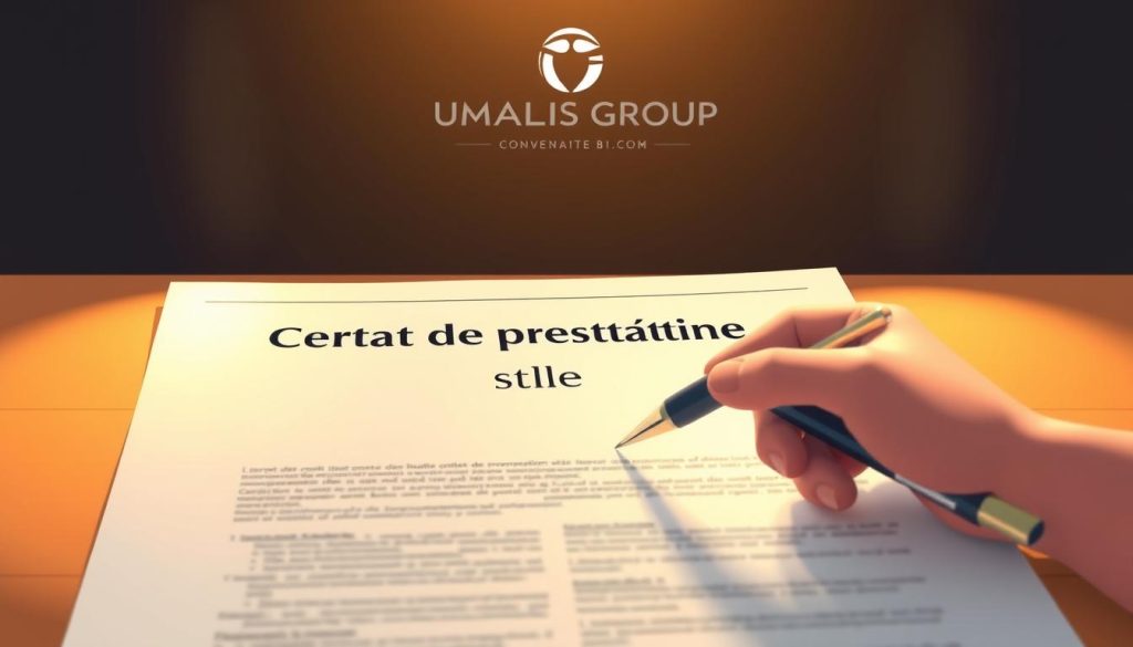 A stylized, realistic illustration of a business contract document with the title "Contrat de prestation de services" prominently displayed. The contract pages are illuminated by warm, directional lighting, creating a sense of professionalism and importance. In the foreground, a hand holding a pen hovers over the contract, symbolizing the act of signing. The background features the Umalis Group logo, subtly indicating the context of a professional service agreement. The overall composition conveys the necessity and significance of a service contract in a commercial setting.