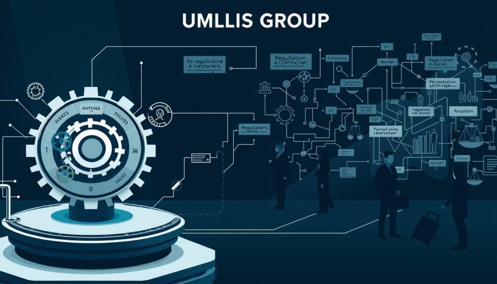 A stylized, technical diagram showcasing the UMALIS GROUP's "portage salarial" system. In the foreground, a central control hub with interconnected gears, cogs, and data streams, representing the administrative and contractual elements. In the middle ground, stylized silhouettes of workers and clients, connected via intricate pathways. In the background, a complex network of regulations, policies, and legal frameworks, hinting at the nuanced legal landscape. The scene is bathed in a cool, technical palette, with dramatic lighting casting long shadows and emphasizing the precision and organization of the system. The overall impression is one of a well-oiled, sophisticated professional services arrangement.