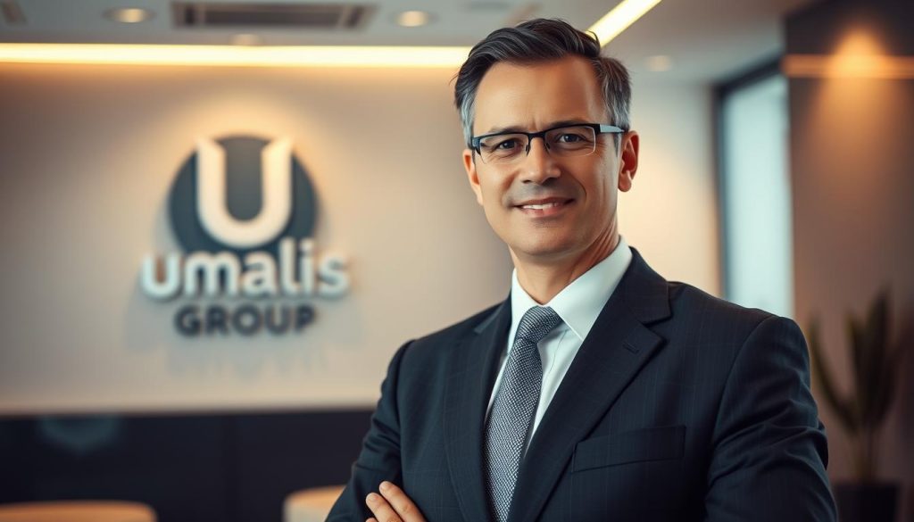A successful consultant, dressed in a sharp suit and tie, stands confidently in a modern office setting. The lighting is soft and warm, casting a professional glow. In the background, a sleek Umalis Group logo is prominently displayed on the wall, highlighting the consultant's affiliation with the respected finance firm. The consultant's expression exudes expertise and determination, conveying the strategies and methods they employ to guide their clients towards financial success. The overall scene embodies the "Stratégies pour réussir dans freelance finance" theme, showcasing the poise and competence of a seasoned Umalis Group consultant.