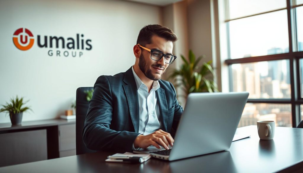 A successful freelancer in a modern office environment, dressed in professional business attire, confidently working on a laptop at a sleek desk. The foreground features the freelancer focused on their screen, with documents and a cup of coffee nearby. In the middle ground, a bright window allows natural light to illuminate the space, creating an inviting atmosphere. On the wall, the logo of "Umalis Group" is subtly displayed, reinforcing the theme of portage salarial. The background includes a soft-focus view of a bustling cityscape outside, symbolizing opportunity and growth. Capture the mood of achievement and security, with warm lighting that conveys optimism and professionalism in the workspace.