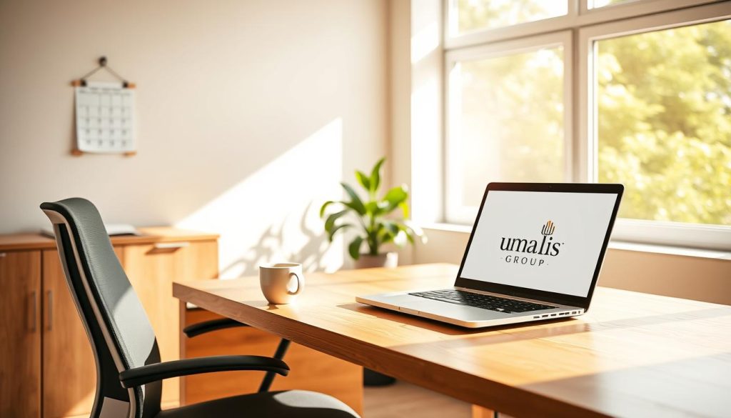 A sun-dappled office scene, with a wooden desk and ergonomic chair in the foreground. On the desk, a laptop displays the Umalis Group logo, alongside a cup of coffee and a stack of documents. In the middle ground, a potted plant and a wall-mounted calendar create a sense of professionalism and organization. The background features a large window, allowing natural light to flood the space and casting a warm, inviting glow. The overall atmosphere conveys a sense of security, stability, and protection for the independent professional navigating the portage salarial landscape.