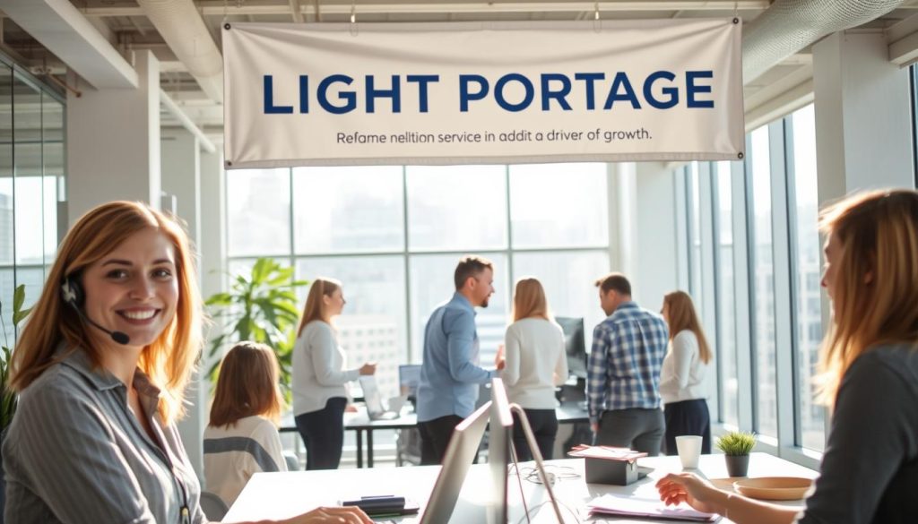 A sun-dappled office setting, where a team of professionals collaborate under a banner emblazoned with the LIGHT PORTAGE brand. In the foreground, a smiling customer service representative assists a client, showcasing the company's commitment to reliable and personalized support. The middle ground reveals an open-concept workspace, with colleagues engaged in animated discussions, signifying the growth and dynamism of the service department. In the background, a sleek, modern office design with floor-to-ceiling windows, allowing natural light to flood the space and create a sense of openness and progress. The overall atmosphere conveys a harmonious blend of efficiency, innovation, and a customer-centric approach, reflecting the transition from a cost center to a driver of growth.